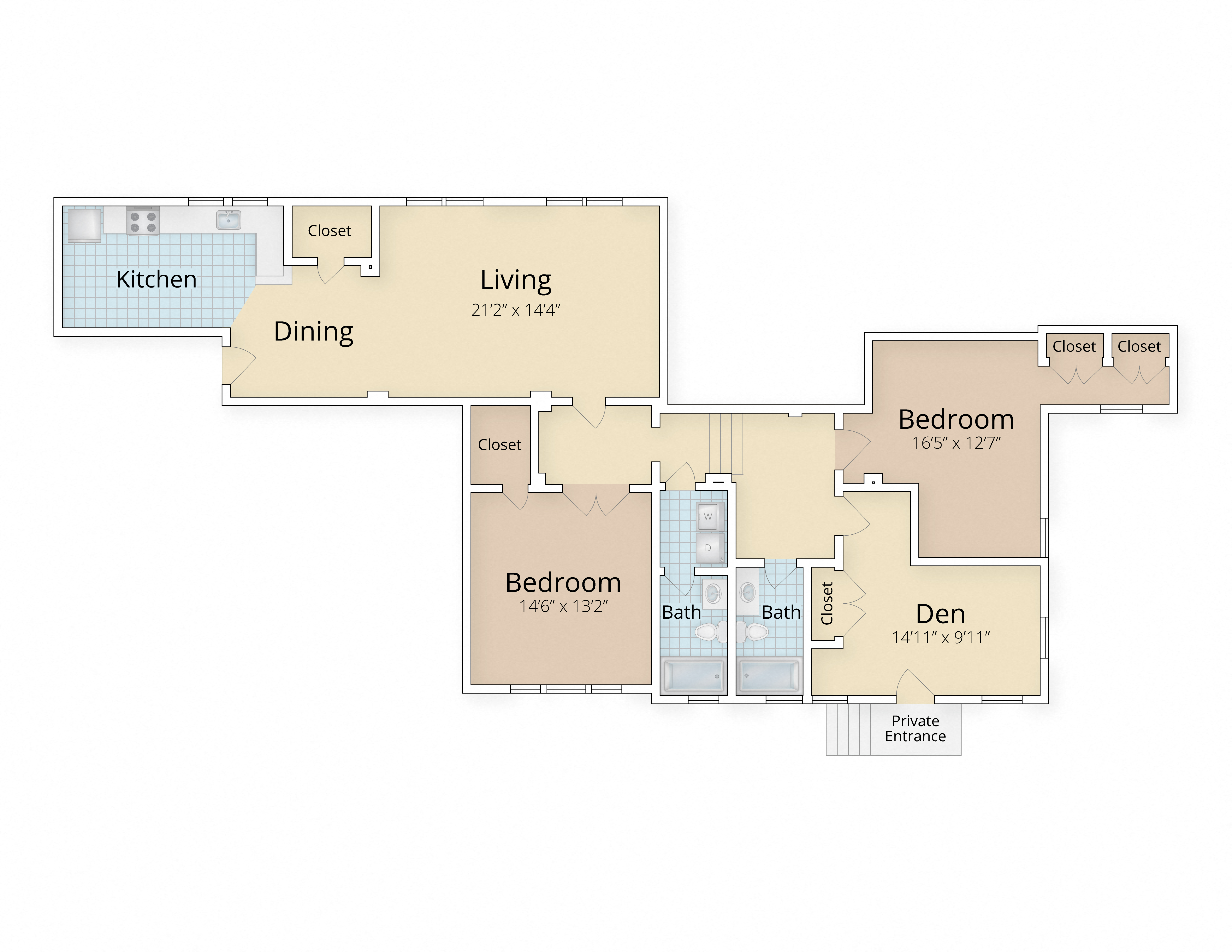Floor plan for 2 beds, 2 baths, 1876 sqft